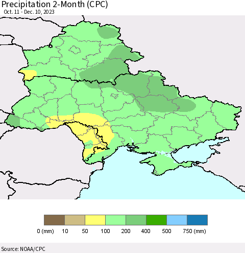 Ukraine, Moldova and Belarus Precipitation 2-Month (CPC) Thematic Map For 10/11/2023 - 12/10/2023