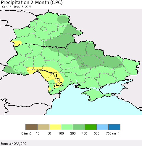 Ukraine, Moldova and Belarus Precipitation 2-Month (CPC) Thematic Map For 10/16/2023 - 12/15/2023