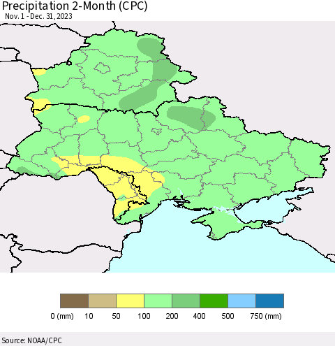 Ukraine, Moldova and Belarus Precipitation 2-Month (CPC) Thematic Map For 11/1/2023 - 12/31/2023