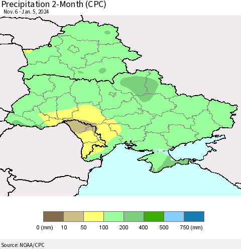 Ukraine, Moldova and Belarus Precipitation 2-Month (CPC) Thematic Map For 11/6/2023 - 1/5/2024