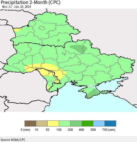 Ukraine, Moldova and Belarus Precipitation 2-Month (CPC) Thematic Map For 11/11/2023 - 1/10/2024