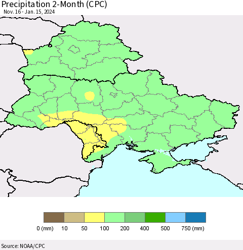 Ukraine, Moldova and Belarus Precipitation 2-Month (CPC) Thematic Map For 11/16/2023 - 1/15/2024