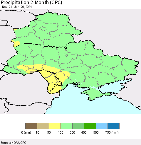 Ukraine, Moldova and Belarus Precipitation 2-Month (CPC) Thematic Map For 11/21/2023 - 1/20/2024
