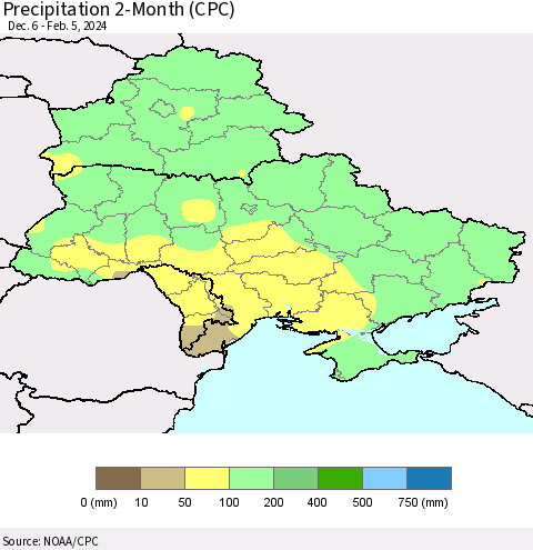 Ukraine, Moldova and Belarus Precipitation 2-Month (CPC) Thematic Map For 12/6/2023 - 2/5/2024