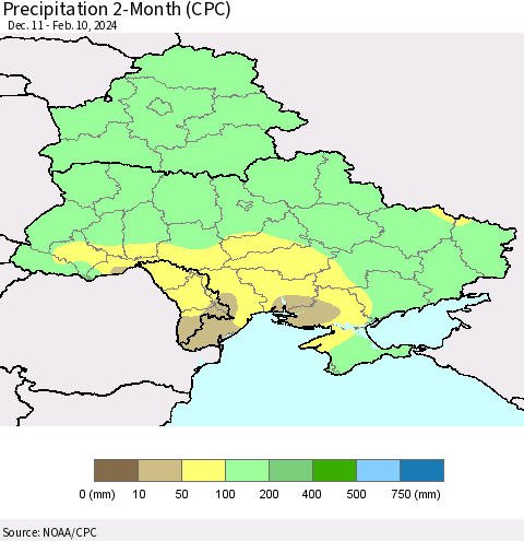 Ukraine, Moldova and Belarus Precipitation 2-Month (CPC) Thematic Map For 12/11/2023 - 2/10/2024