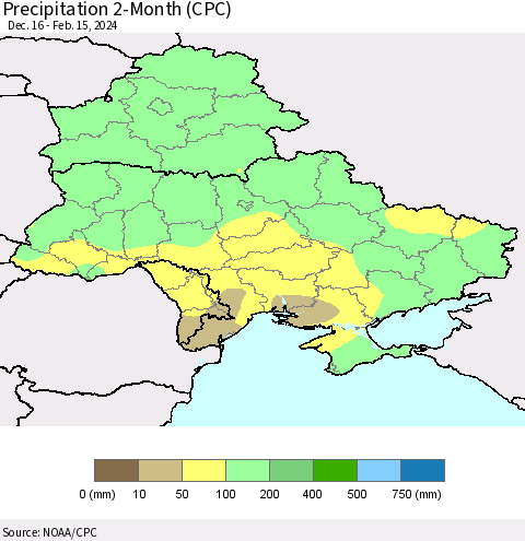 Ukraine, Moldova and Belarus Precipitation 2-Month (CPC) Thematic Map For 12/16/2023 - 2/15/2024