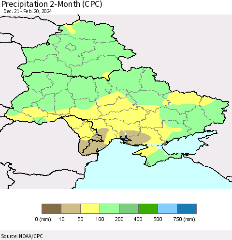 Ukraine, Moldova and Belarus Precipitation 2-Month (CPC) Thematic Map For 12/21/2023 - 2/20/2024