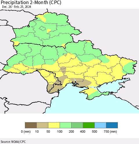 Ukraine, Moldova and Belarus Precipitation 2-Month (CPC) Thematic Map For 12/26/2023 - 2/25/2024