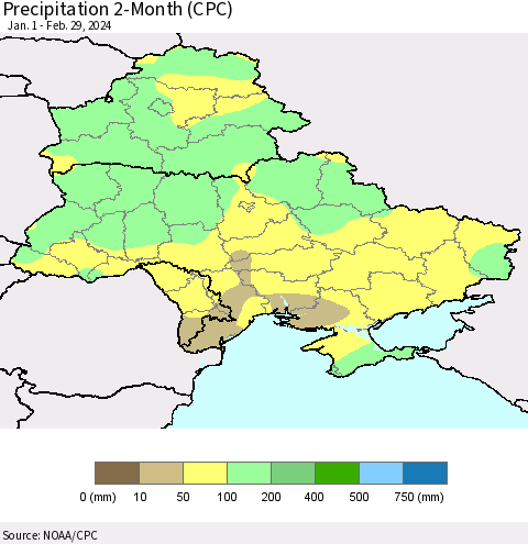 Ukraine, Moldova and Belarus Precipitation 2-Month (CPC) Thematic Map For 1/1/2024 - 2/29/2024