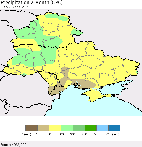 Ukraine, Moldova and Belarus Precipitation 2-Month (CPC) Thematic Map For 1/6/2024 - 3/5/2024