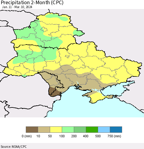 Ukraine, Moldova and Belarus Precipitation 2-Month (CPC) Thematic Map For 1/11/2024 - 3/10/2024
