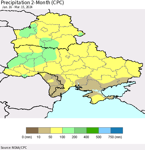 Ukraine, Moldova and Belarus Precipitation 2-Month (CPC) Thematic Map For 1/16/2024 - 3/15/2024