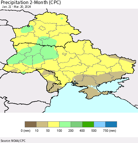 Ukraine, Moldova and Belarus Precipitation 2-Month (CPC) Thematic Map For 1/21/2024 - 3/20/2024