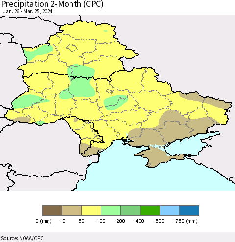 Ukraine, Moldova and Belarus Precipitation 2-Month (CPC) Thematic Map For 1/26/2024 - 3/25/2024