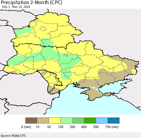 Ukraine, Moldova and Belarus Precipitation 2-Month (CPC) Thematic Map For 2/1/2024 - 3/31/2024