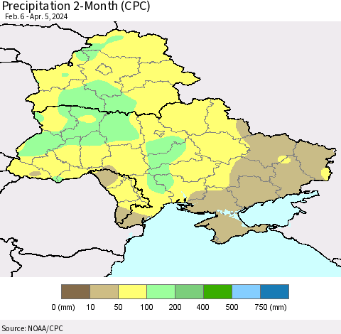 Ukraine, Moldova and Belarus Precipitation 2-Month (CPC) Thematic Map For 2/6/2024 - 4/5/2024