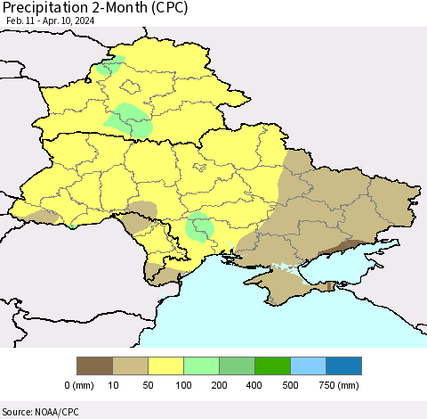 Ukraine, Moldova and Belarus Precipitation 2-Month (CPC) Thematic Map For 2/11/2024 - 4/10/2024