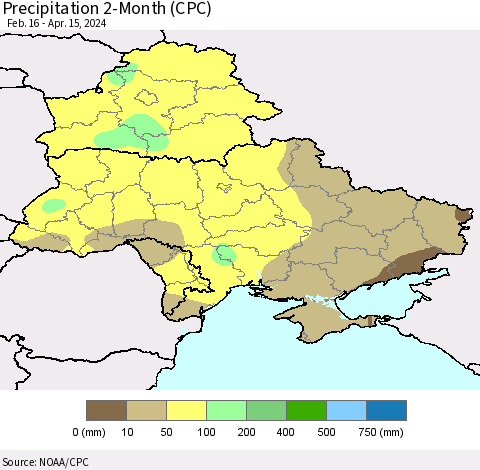 Ukraine, Moldova and Belarus Precipitation 2-Month (CPC) Thematic Map For 2/16/2024 - 4/15/2024