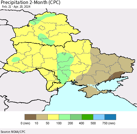 Ukraine, Moldova and Belarus Precipitation 2-Month (CPC) Thematic Map For 2/21/2024 - 4/20/2024