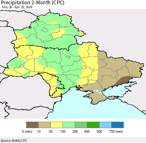 Ukraine, Moldova and Belarus Precipitation 2-Month (CPC) Thematic Map For 2/26/2024 - 4/25/2024