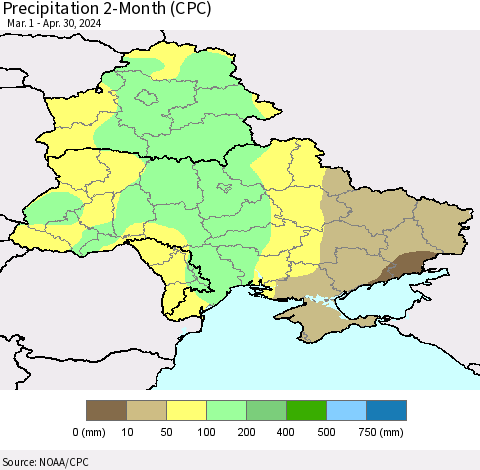 Ukraine, Moldova and Belarus Precipitation 2-Month (CPC) Thematic Map For 3/1/2024 - 4/30/2024
