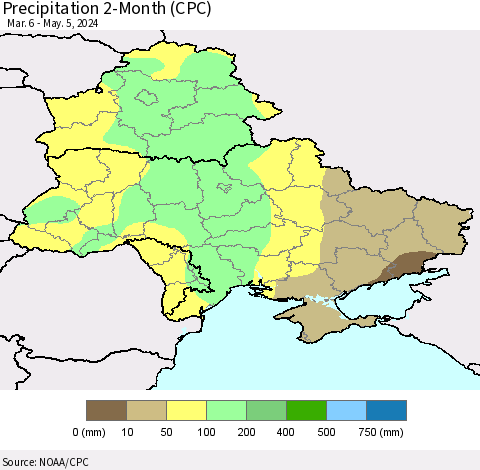 Ukraine, Moldova and Belarus Precipitation 2-Month (CPC) Thematic Map For 3/6/2024 - 5/5/2024