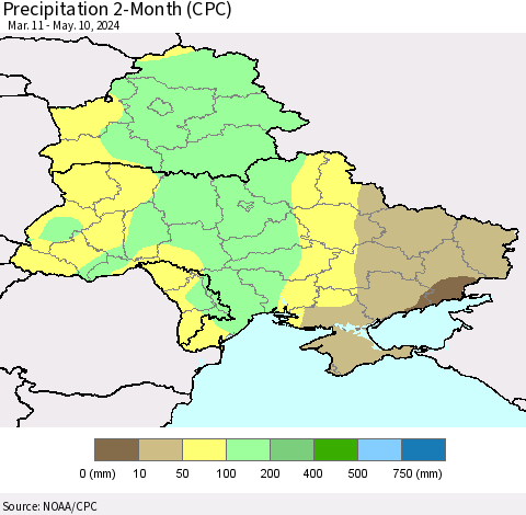 Ukraine, Moldova and Belarus Precipitation 2-Month (CPC) Thematic Map For 3/11/2024 - 5/10/2024