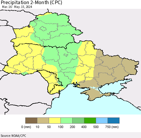 Ukraine, Moldova and Belarus Precipitation 2-Month (CPC) Thematic Map For 3/16/2024 - 5/15/2024