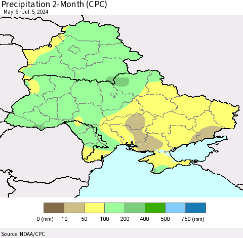 Ukraine, Moldova and Belarus Precipitation 2-Month (CPC) Thematic Map For 5/6/2024 - 7/5/2024