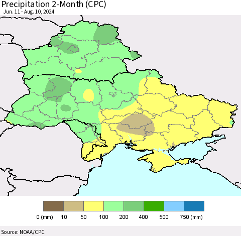 Ukraine, Moldova and Belarus Precipitation 2-Month (CPC) Thematic Map For 6/11/2024 - 8/10/2024