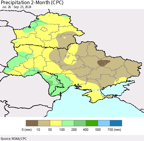 Ukraine, Moldova and Belarus Precipitation 2-Month (CPC) Thematic Map For 7/26/2024 - 9/25/2024
