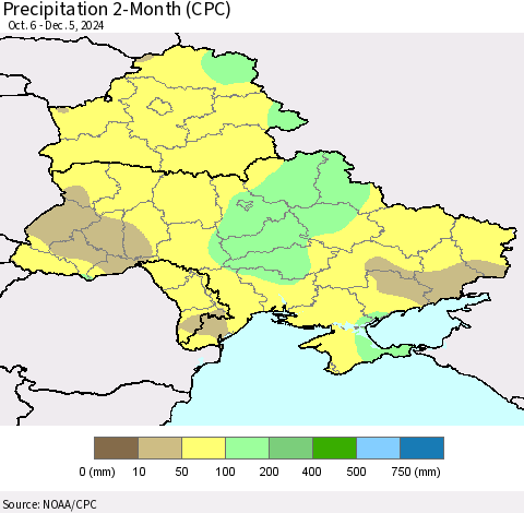 Ukraine, Moldova and Belarus Precipitation 2-Month (CPC) Thematic Map For 10/6/2024 - 12/5/2024