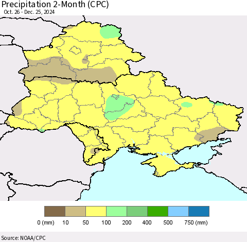 Ukraine, Moldova and Belarus Precipitation 2-Month (CPC) Thematic Map For 10/26/2024 - 12/25/2024