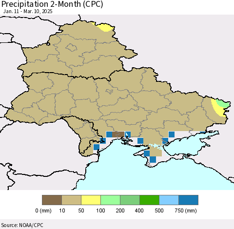 Ukraine, Moldova and Belarus Precipitation 2-Month (CPC) Thematic Map For 1/11/2025 - 3/10/2025