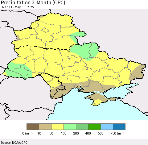 Ukraine, Moldova and Belarus Precipitation 2-Month (CPC) Thematic Map For 3/11/2025 - 5/10/2025
