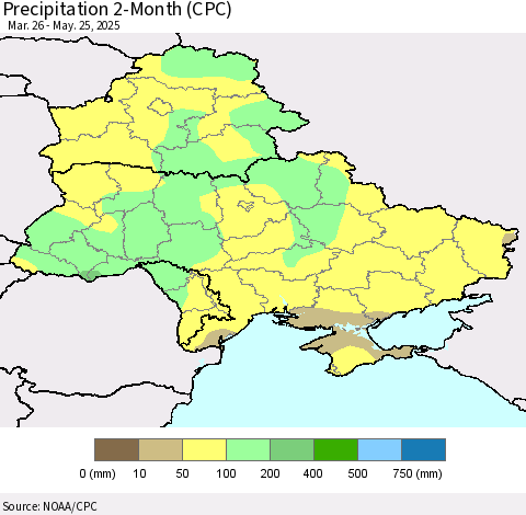 Ukraine, Moldova and Belarus Precipitation 2-Month (CPC) Thematic Map For 3/26/2025 - 5/25/2025