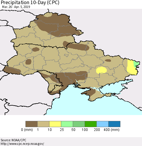 Ukraine, Moldova and Belarus Precipitation 10-Day (CPC) Thematic Map For 3/26/2019 - 4/5/2019
