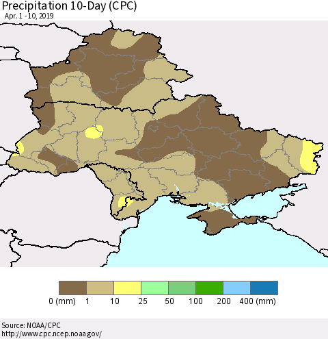Ukraine, Moldova and Belarus Precipitation 10-Day (CPC) Thematic Map For 4/1/2019 - 4/10/2019