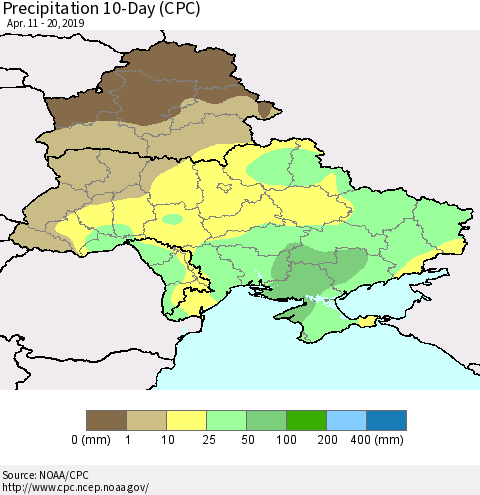 Ukraine, Moldova and Belarus Precipitation 10-Day (CPC) Thematic Map For 4/11/2019 - 4/20/2019