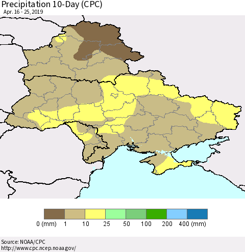 Ukraine, Moldova and Belarus Precipitation 10-Day (CPC) Thematic Map For 4/16/2019 - 4/25/2019