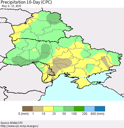 Ukraine, Moldova and Belarus Precipitation 10-Day (CPC) Thematic Map For 5/6/2019 - 5/15/2019