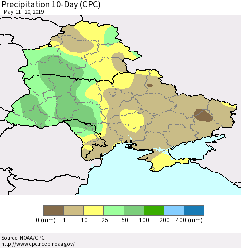Ukraine, Moldova and Belarus Precipitation 10-Day (CPC) Thematic Map For 5/11/2019 - 5/20/2019