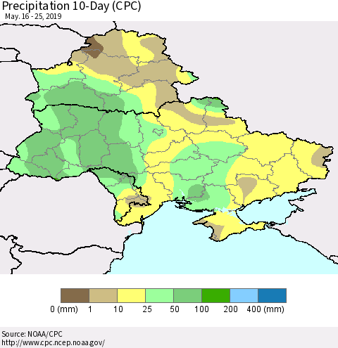 Ukraine, Moldova and Belarus Precipitation 10-Day (CPC) Thematic Map For 5/16/2019 - 5/25/2019