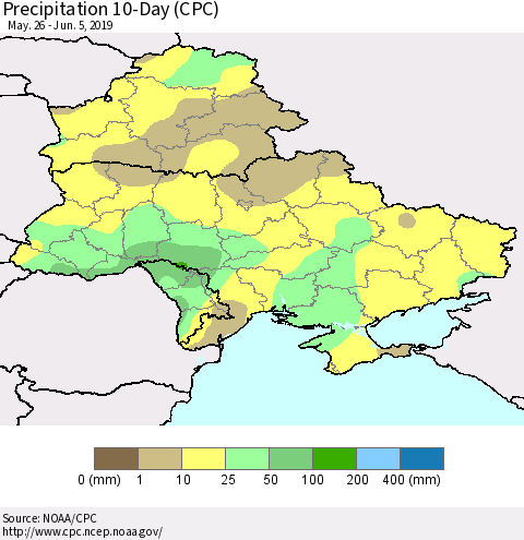 Ukraine, Moldova and Belarus Precipitation 10-Day (CPC) Thematic Map For 5/26/2019 - 6/5/2019