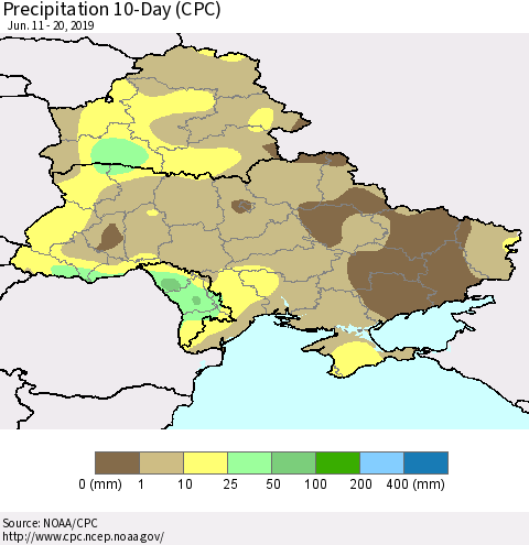 Ukraine, Moldova and Belarus Precipitation 10-Day (CPC) Thematic Map For 6/11/2019 - 6/20/2019