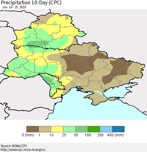 Ukraine, Moldova and Belarus Precipitation 10-Day (CPC) Thematic Map For 6/16/2019 - 6/25/2019
