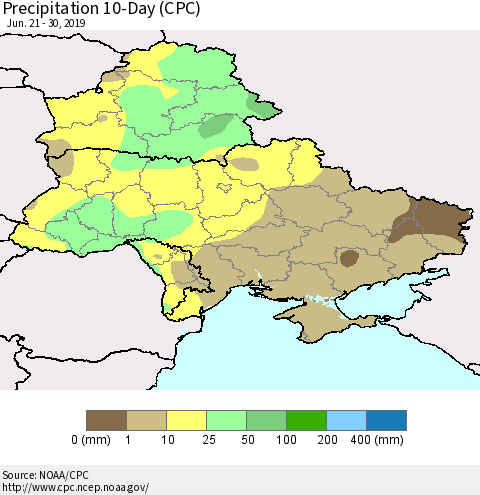 Ukraine, Moldova and Belarus Precipitation 10-Day (CPC) Thematic Map For 6/21/2019 - 6/30/2019