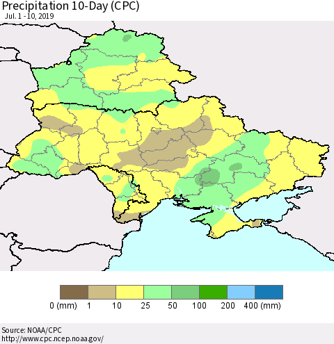 Ukraine, Moldova and Belarus Precipitation 10-Day (CPC) Thematic Map For 7/1/2019 - 7/10/2019