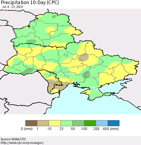 Ukraine, Moldova and Belarus Precipitation 10-Day (CPC) Thematic Map For 7/6/2019 - 7/15/2019
