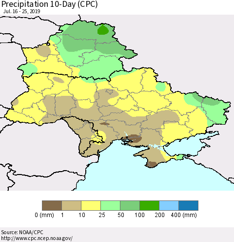 Ukraine, Moldova and Belarus Precipitation 10-Day (CPC) Thematic Map For 7/16/2019 - 7/25/2019